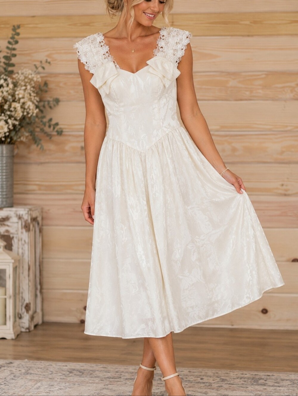 Alfred Angelo Vintage Wedding Dress Ivory Lace Cap Sleeve Bow Midi Bridal 5/6